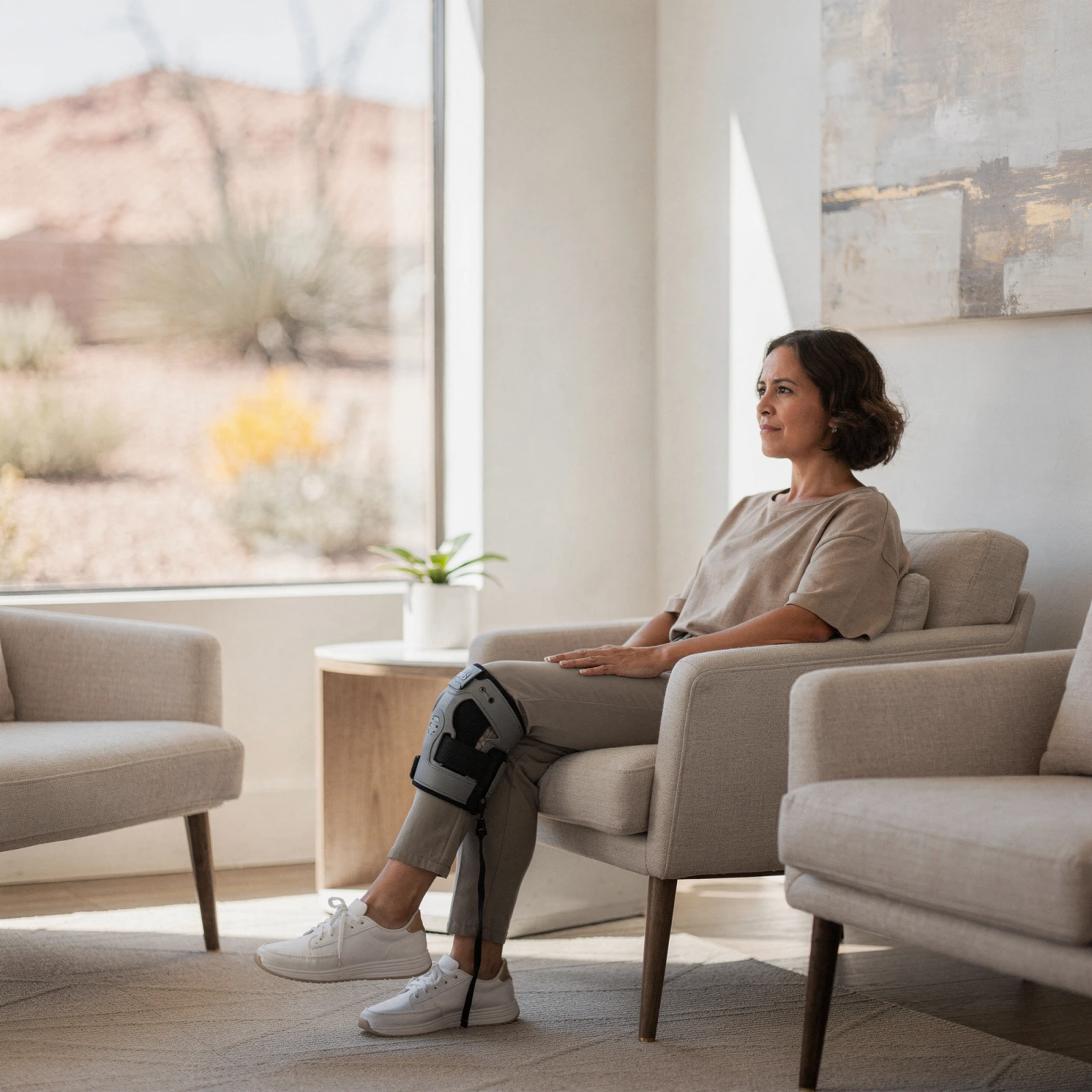 Patient wearing a knee brace sits in a modern clinic waiting area with desert views